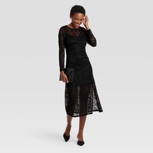 All Over Lace Women's Long Sleeve Midi Dress A New Day Black Floral Sz S